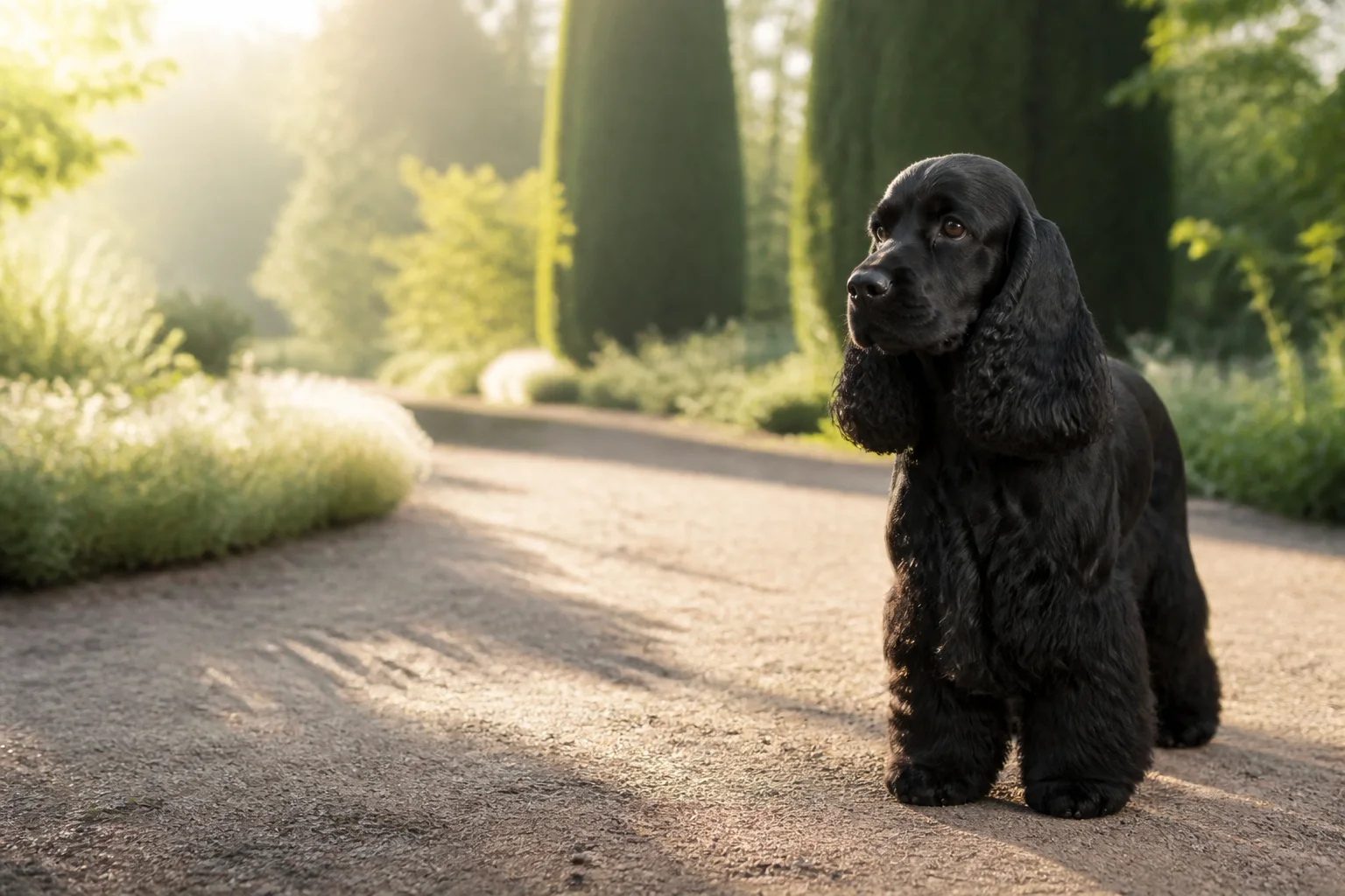Healthy adult black American Cocker Spaniel standing naturally on a sunlit garden path