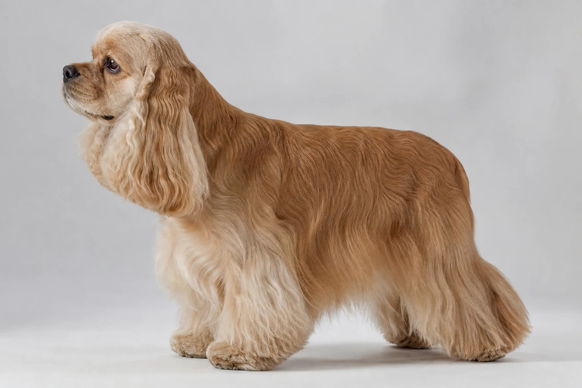 Adult American Cocker Spaniel with a buff-colored coat, standing in profile and showing the full flowing feathering on the ears, chest and legs