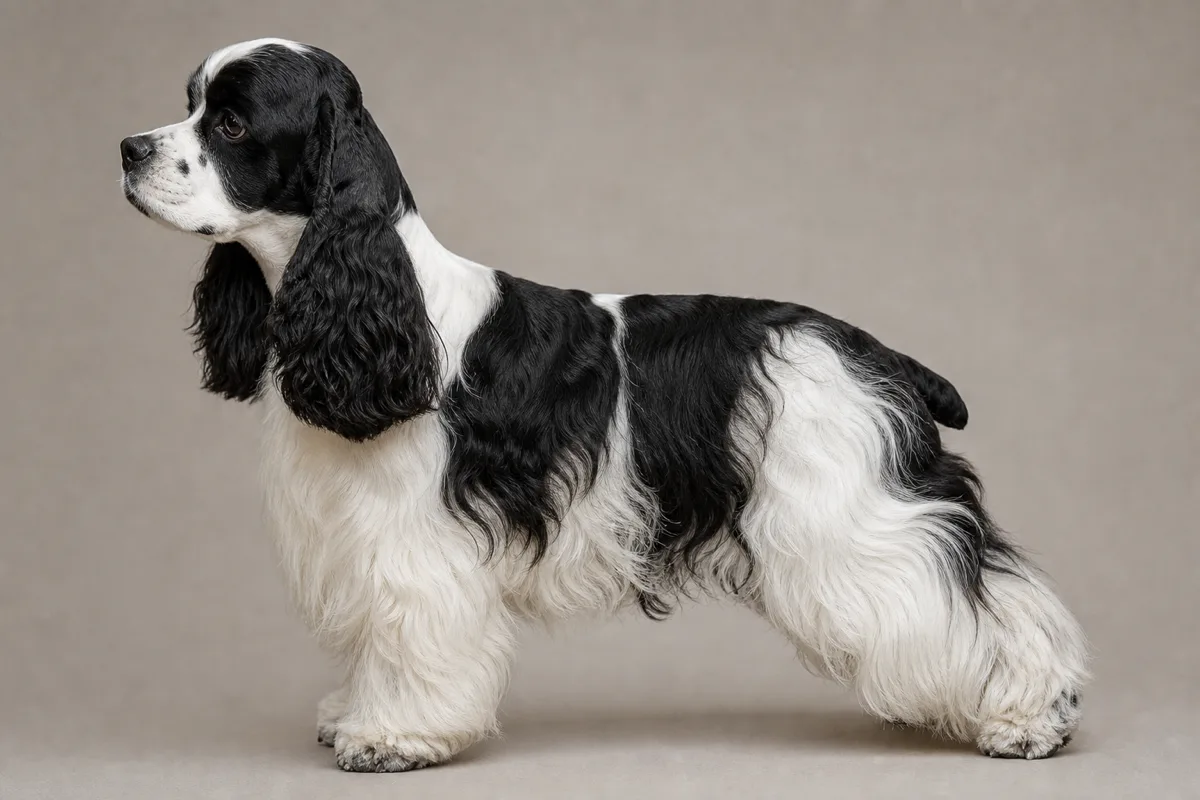 Adulte American Cocker Spaniel à la robe particolore noir et blanc, couleurs bien réparties sur le corps comme l'exige le standard
