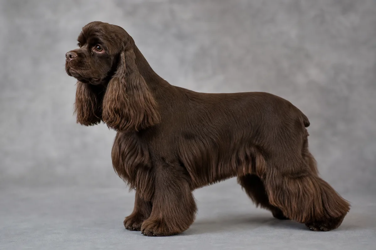 Adult American Cocker Spaniel with a solid brown coat standing in profile