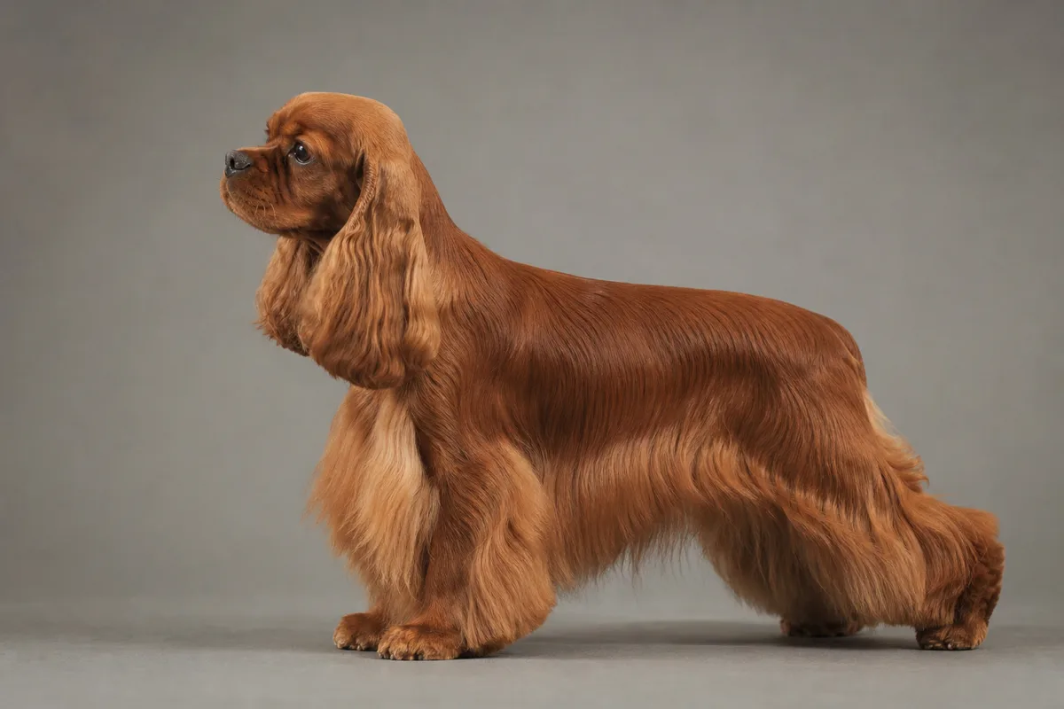 Adult American Cocker Spaniel with a solid red coat standing in profile