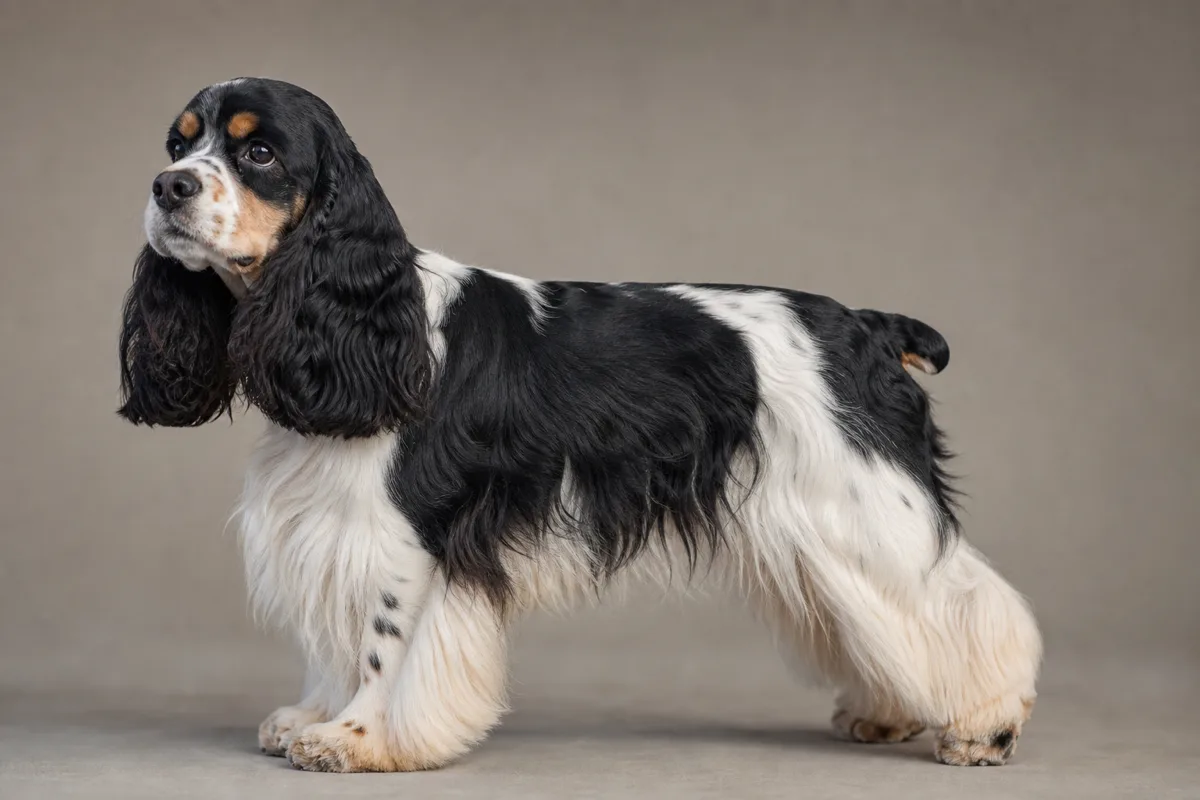 Adulte American Cocker Spaniel à la robe tricolore, motif particolore noir et blanc avec des marques feu définies au-dessus des yeux, sur les joues et les pattes