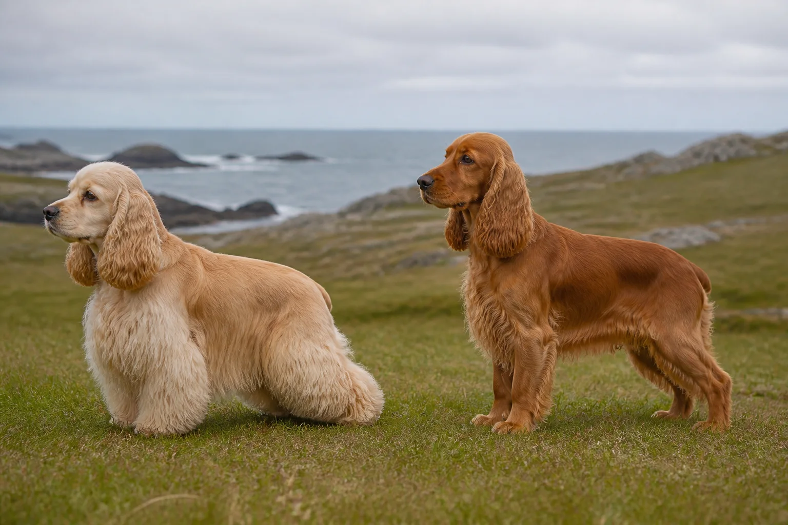 Buff American Cocker Spaniel and red English Cocker Spaniel standing side by side in a coastal meadow