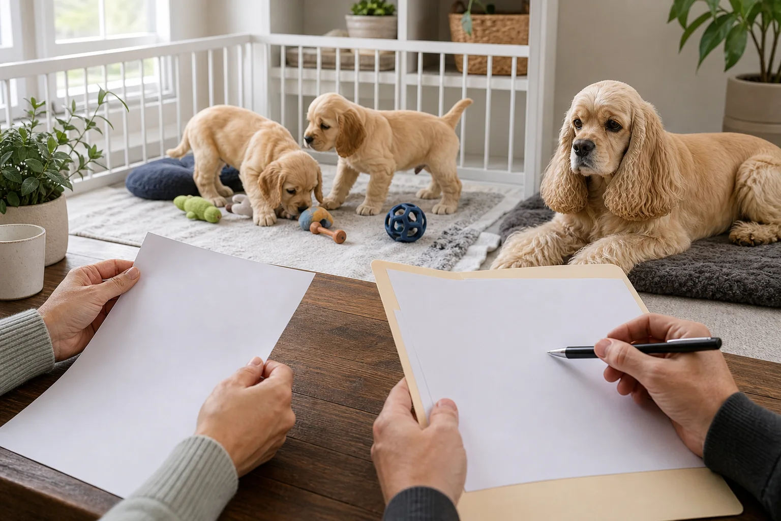 Two adults reviewing health documents beside an American Cocker Spaniel and two puppies in a clean home