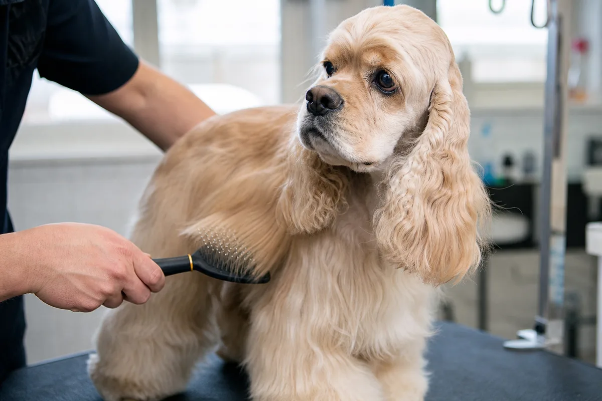 Toiletteur brossant en profondeur les franges soyeuses d'un American Cocker Spaniel avec une brosse pneumatique, technique de brossage par couches