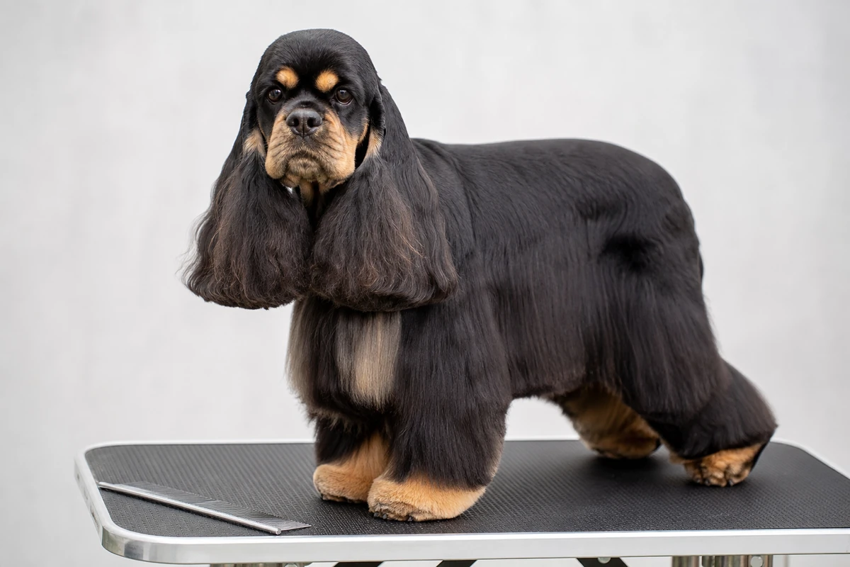 Adult American Cocker Spaniel with a black and tan coat, standing on a grooming table with its coat freshly brushed and a steel comb resting beside it