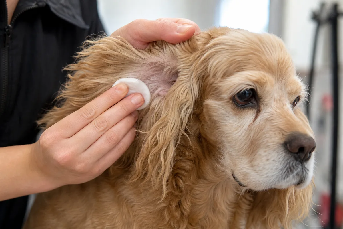 Gros plan de mains nettoyant délicatement le long pavillon frangé d'un American Cocker Spaniel avec un coton