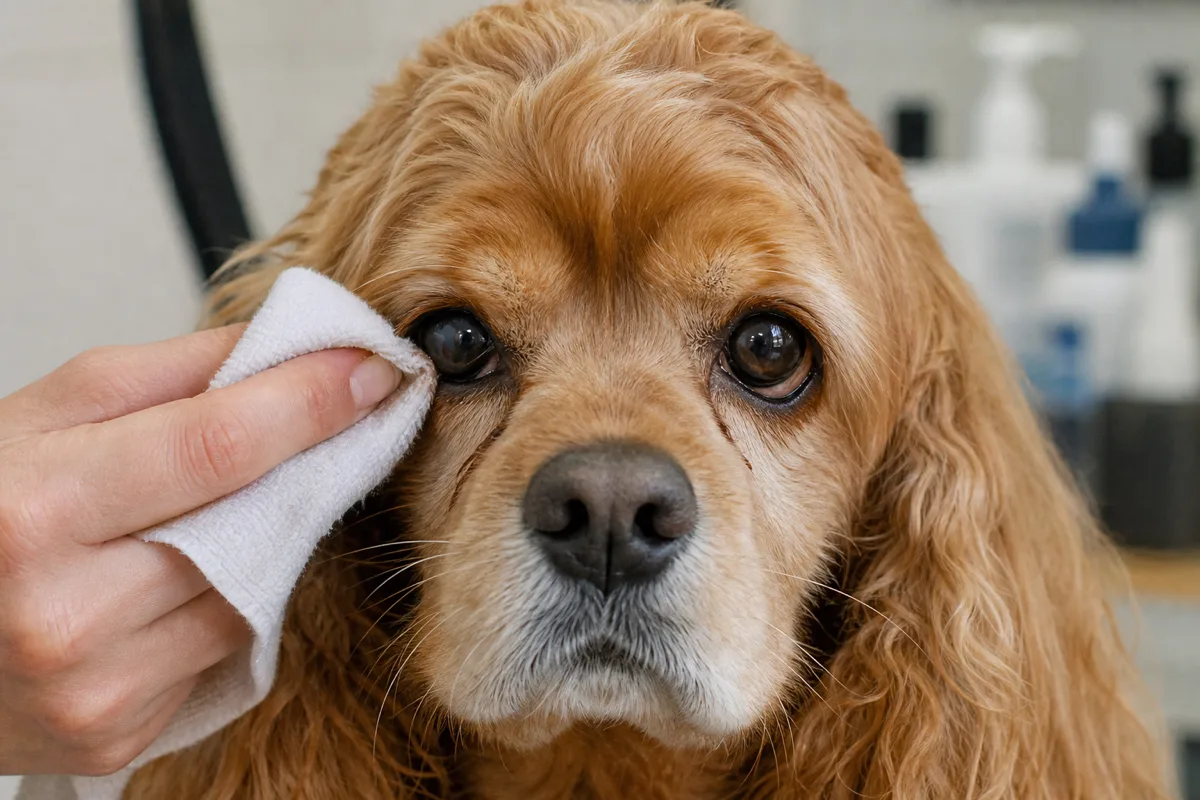 Gros plan du visage d'un American Cocker Spaniel essuyé délicatement autour des yeux avec un linge doux