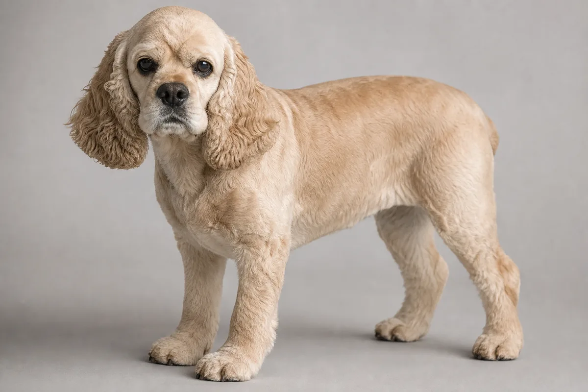 American Cocker Spaniel adulte avec une coupe puppy cut, pelage du corps tondu court et net