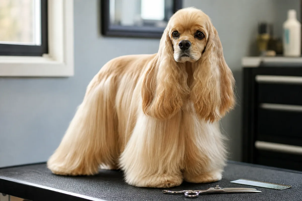 American Cocker Spaniel avec une coupe de présentation (show trim), franges longues et soyeuses sur une table de toilettage avec ciseaux et peigne