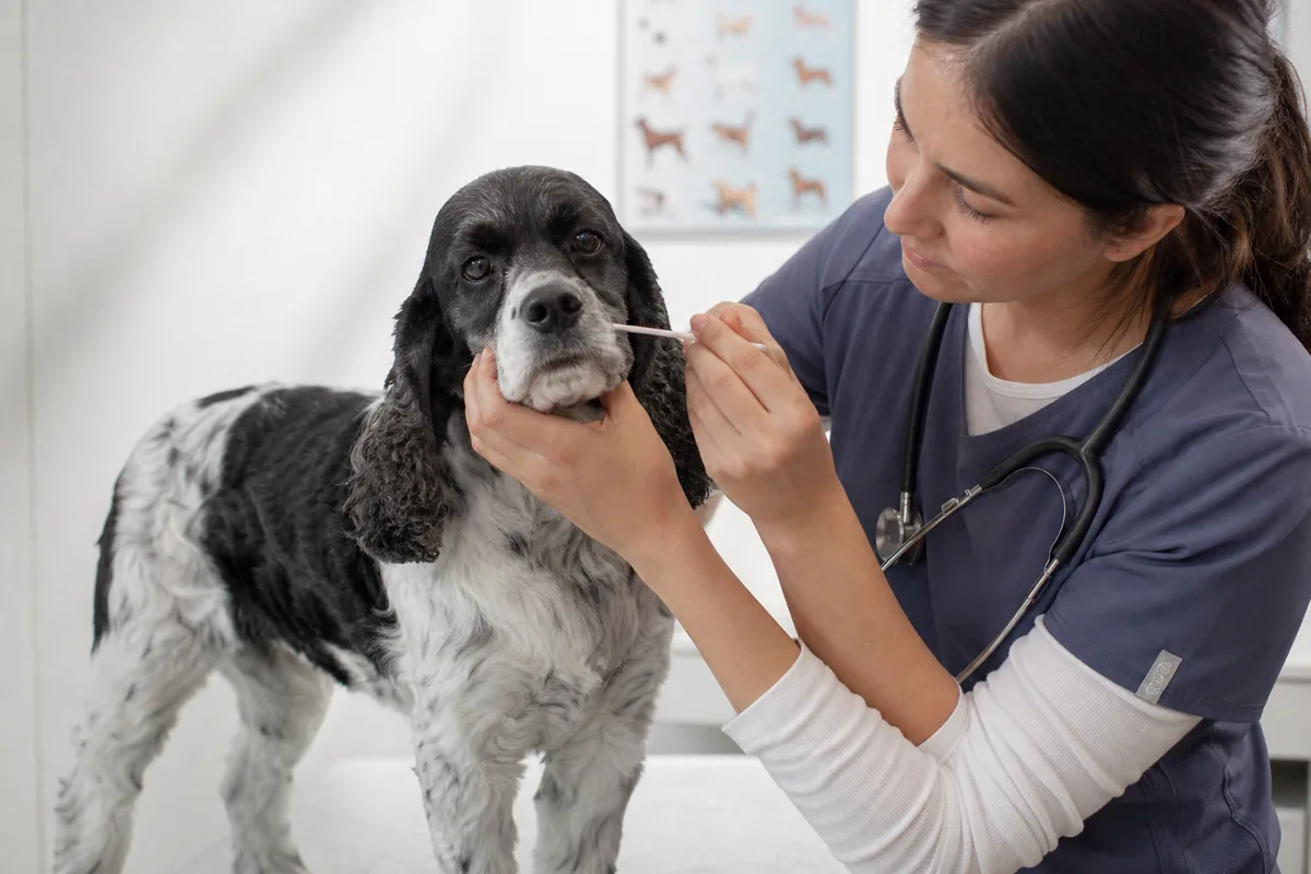 Vétérinaire réalisant un prélèvement buccal de dépistage génétique (test ADN) sur un American Cocker Spaniel