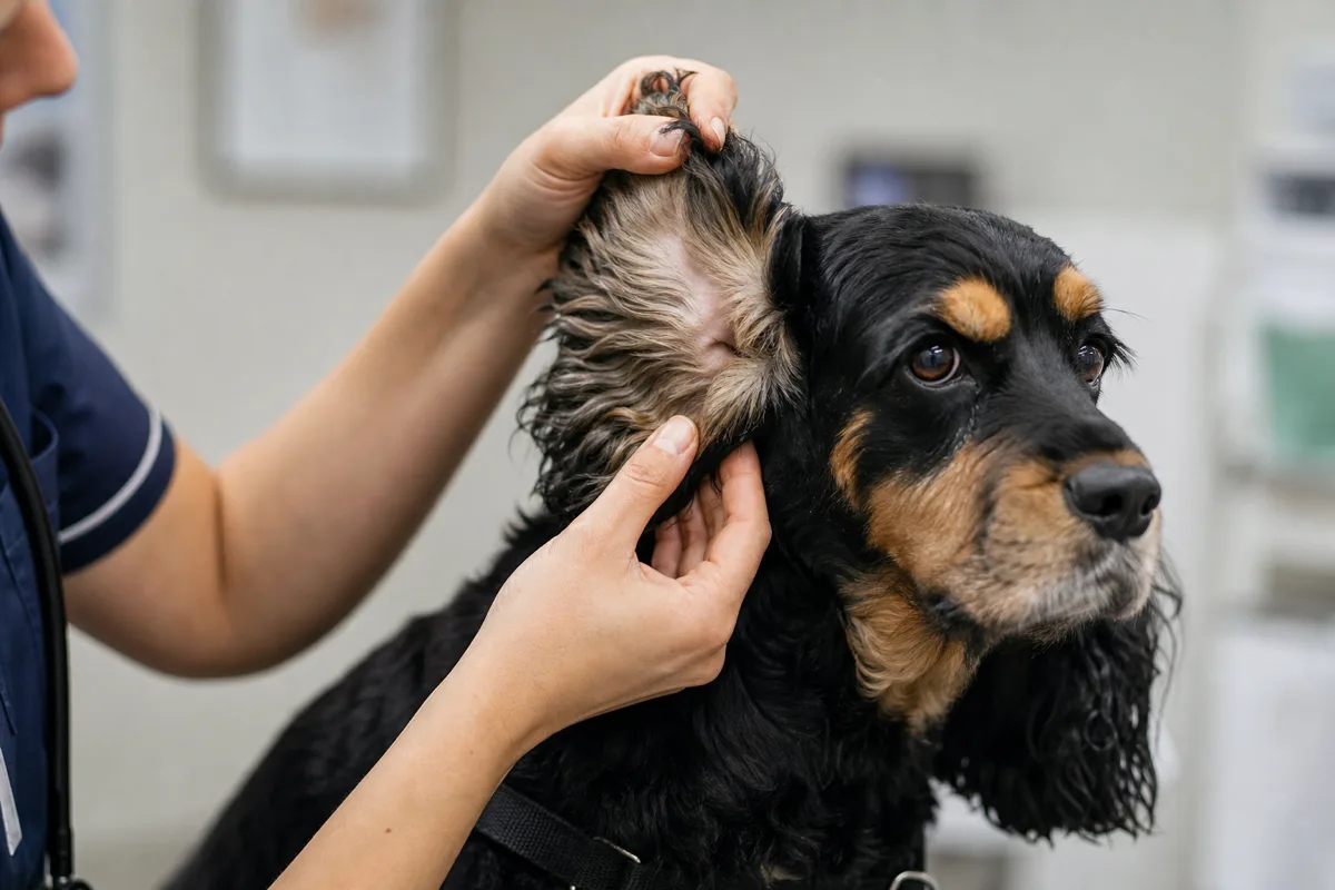 Vétérinaire soulevant et examinant délicatement le long pavillon frangé d'un American Cocker Spaniel sur une table d'examen
