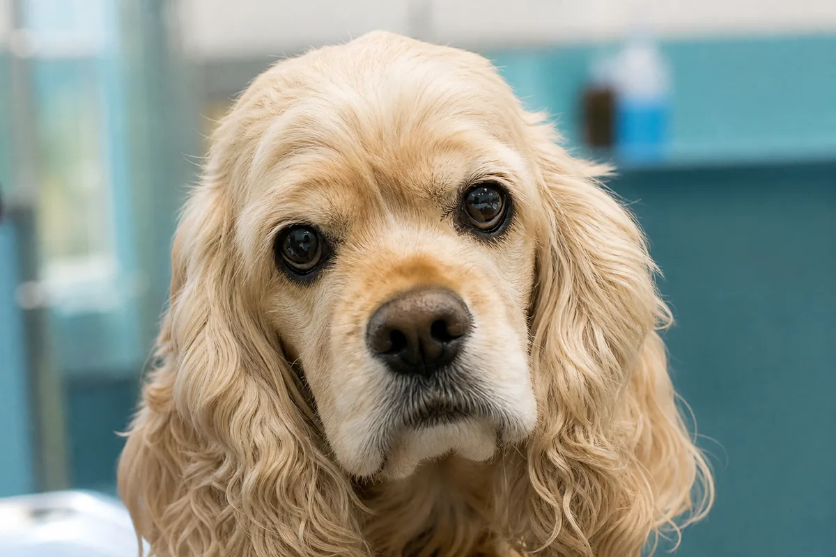 Gros plan du visage d'un American Cocker Spaniel aux yeux clairs et sains, cadre d'une clinique vétérinaire en arrière-plan