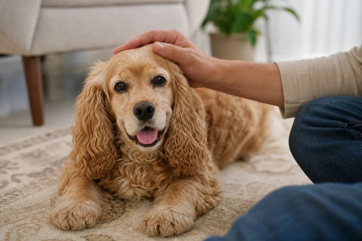 American Cocker Spaniel au pelage buff, détendu à la maison pendant que son propriétaire lui caresse la tête
