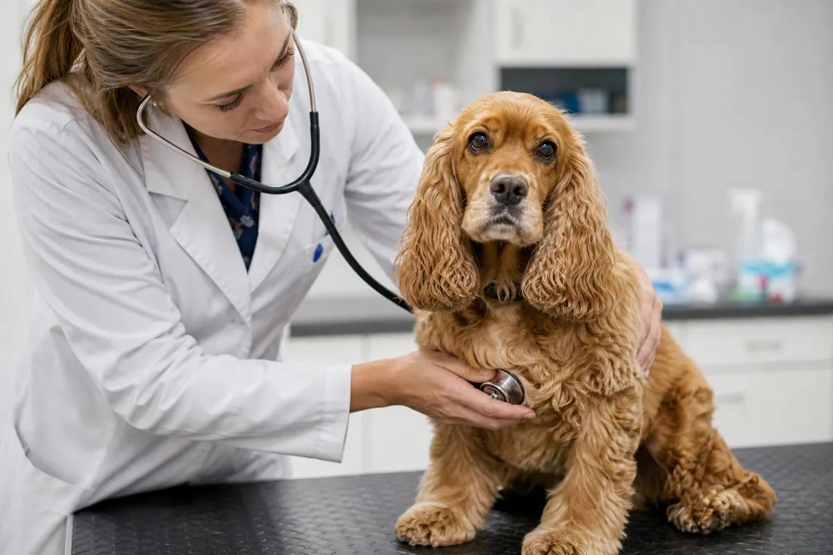 Vétérinaire en blouse blanche examinant un American Cocker Spaniel au stéthoscope sur une table d'examen