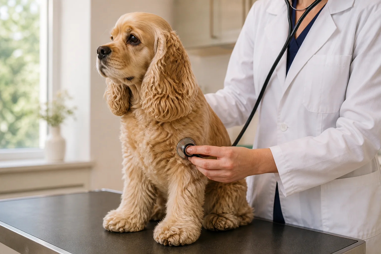 Buff American Cocker Spaniel receiving a gentle routine examination with a stethoscope