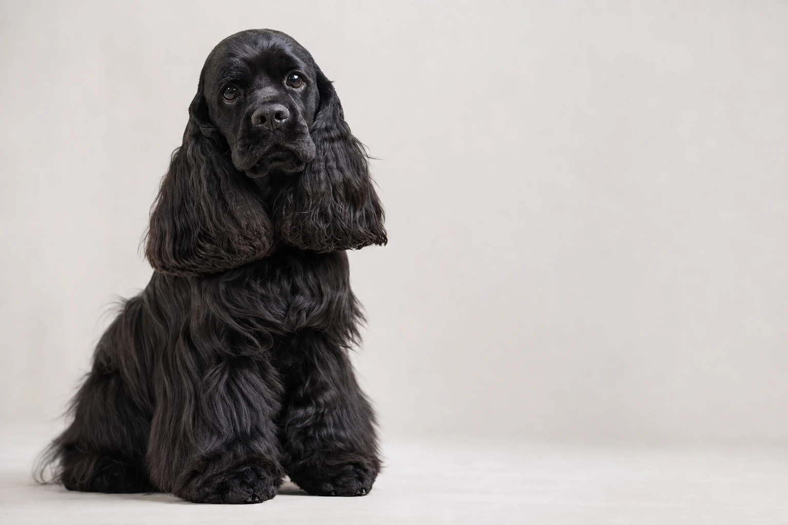 Adult American Cocker Spaniel with a solid black coat, sitting attentively against a plain studio background, showing the breed's domed skull and long, silky feathered ears