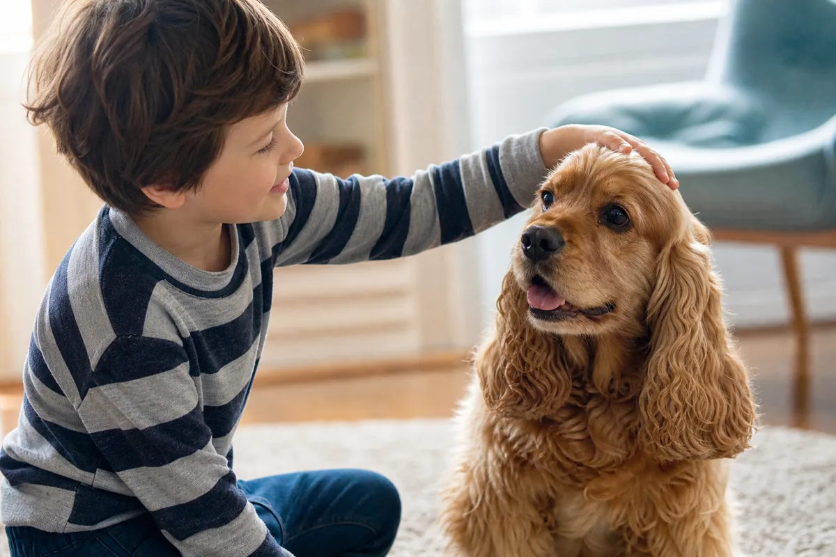 Jeune enfant caressant doucement un American Cocker Spaniel au pelage roux doré dans un salon lumineux