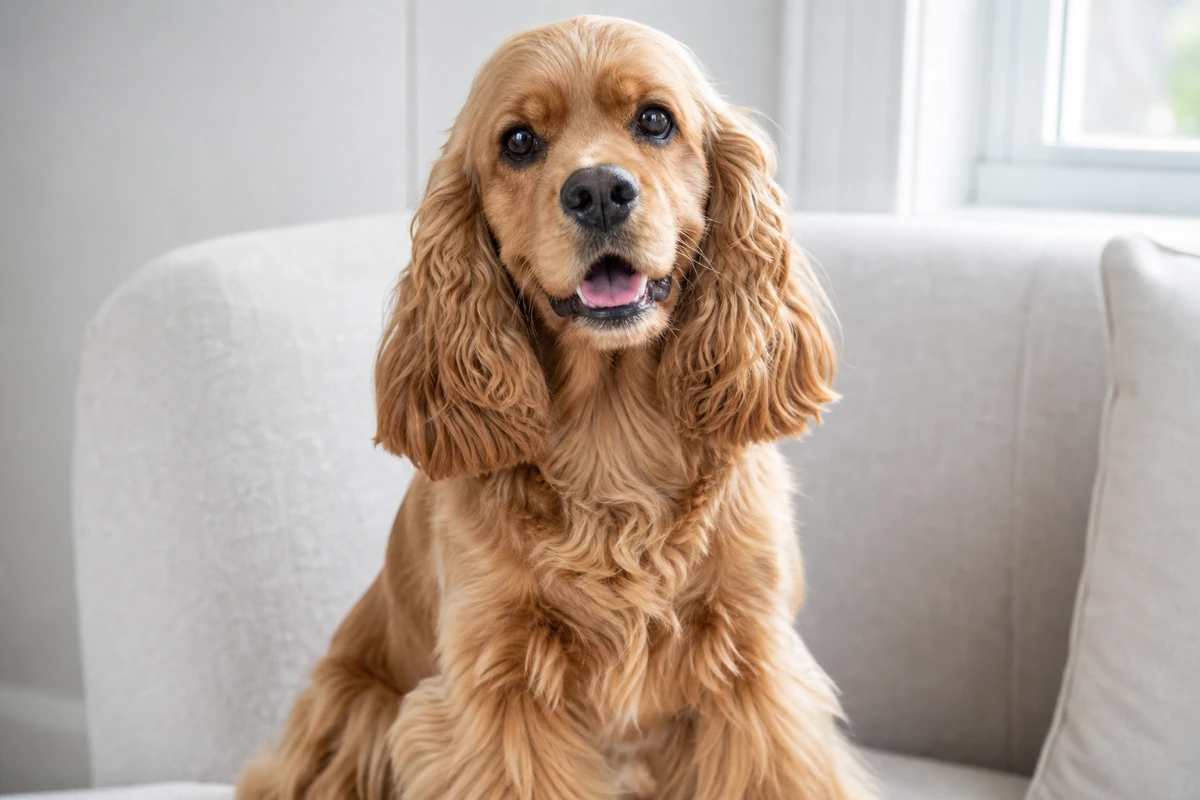 Adult American Cocker Spaniel with a golden red coat, sitting alert with a happy, merry expression in a bright indoor room
