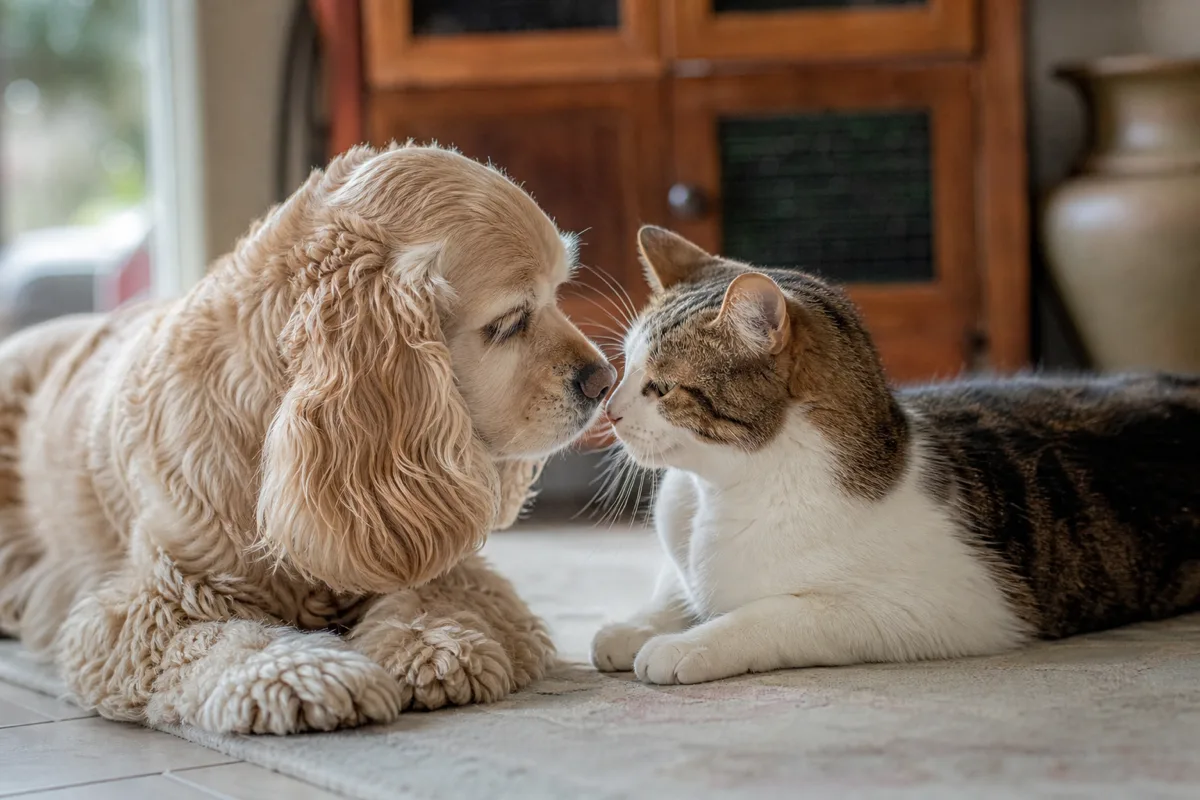 American Cocker Spaniel au pelage buff touchant doucement le nez d'un chat sur le sol d'un salon