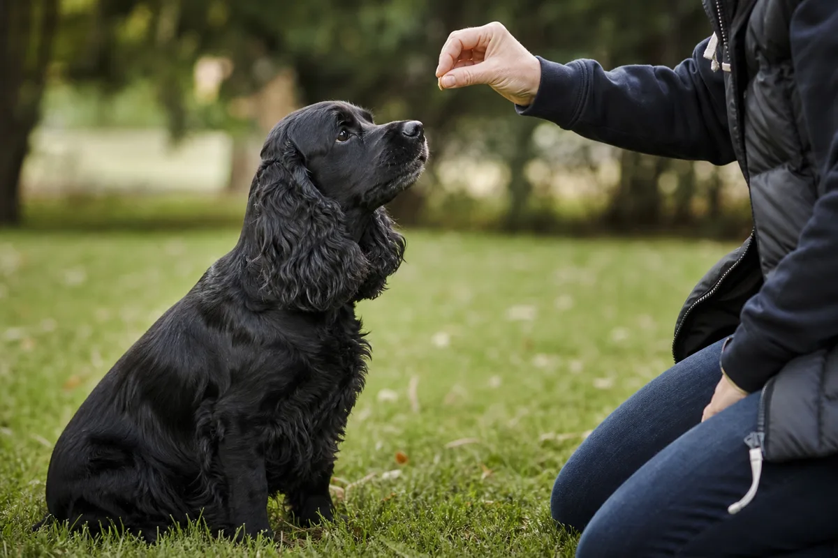 American Cocker Spaniel noir assis en position d'attente, concentré sur une friandise tenue par son dresseur, dans un parc